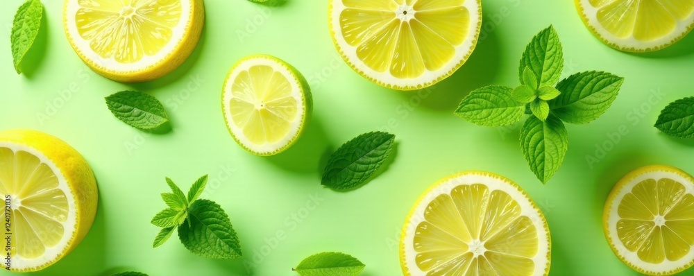Bright lime & lemon slices, aromatic peppermint leaves , refreshing, aromatic, closeup Bright lime & lemon slices, aromatic peppermint leaves , refreshing, aromatic, closeup