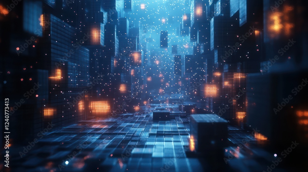 Futuristic digital cityscape; glowing cubes; particles; abstract background Futuristic digital cityscape; glowing cubes; particles; abstract background