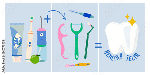 World Dentist day collection of greeting cards. Dental cleaning tools poster. Oral care and hygiene products. Electric brush, irrigator, toothpaste, dental rinse. Health teeth banner set