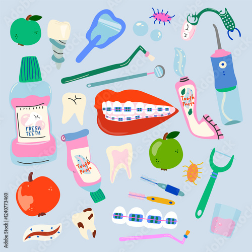 Dental cleaning tools, oral care and hygiene products. Different dental care accessories. Electric brush, irrigator, toothpaste, dental rinse. Dental vector stickers in retro style