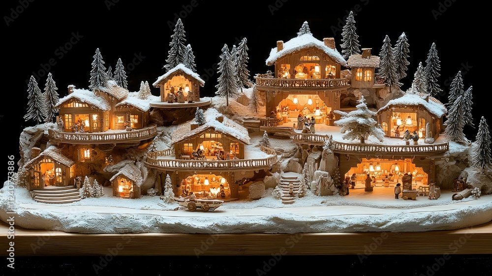 Obraz premium Illuminated Wooden Christmas Village Scenic Display