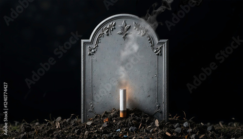 Cigarette burning down into a tombstone, high contrast, minimalist anti-smoking message
