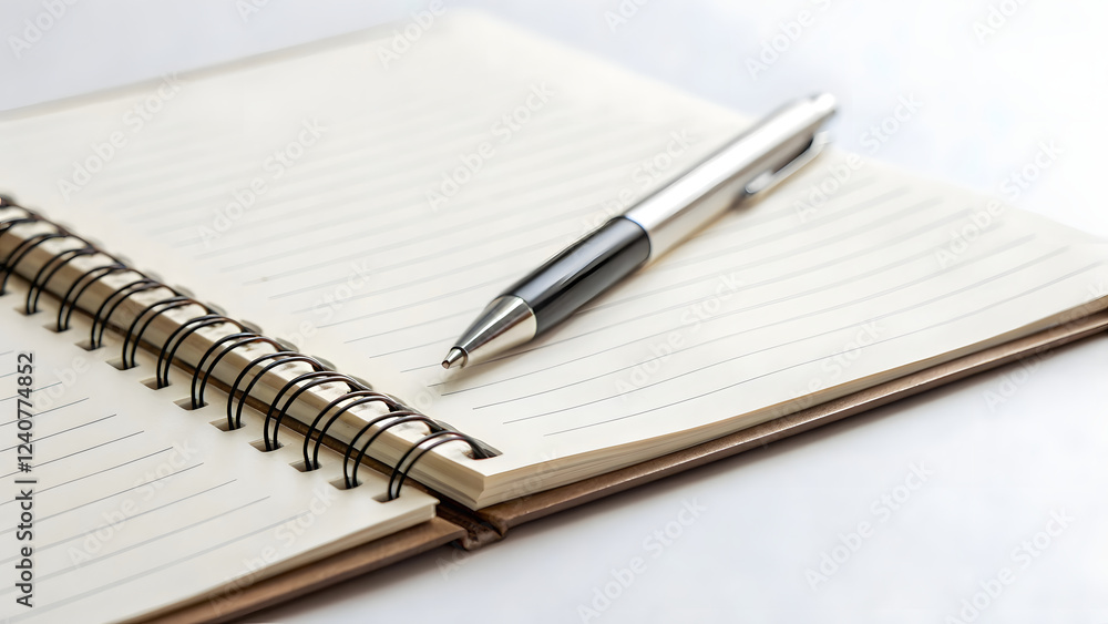 A pen rests on an open notebook, poised for inspiration A pen rests on an open notebook, poised for inspiration