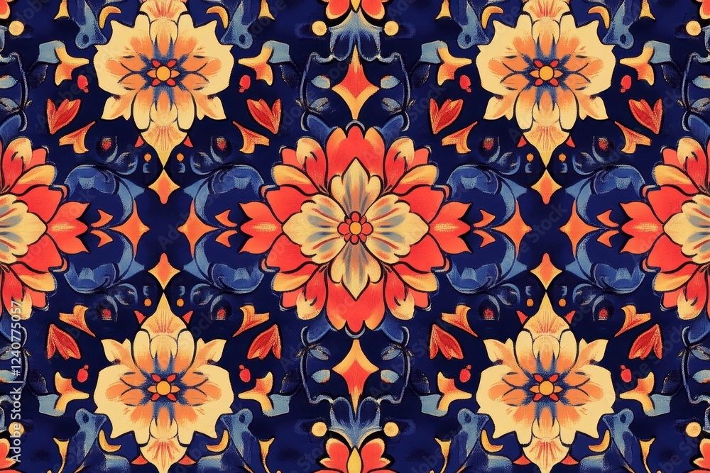 Kaleidoscopic Floral Pattern: A Symphony of Orange, Blue, and Yellow Hues Kaleidoscopic Floral Pattern: A Symphony of Orange, Blue, and Yellow Hues