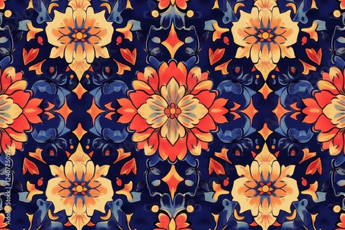 Wallpaper Mural Kaleidoscopic Floral Pattern: A Symphony of Orange, Blue, and Yellow Hues Torontodigital.ca
