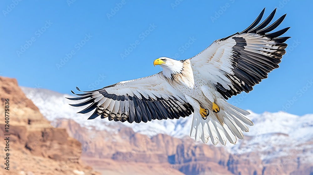 Fototapeta premium Majestic Steller s Sea Eagle in Flight over Mountain Range Wings Spread Wide