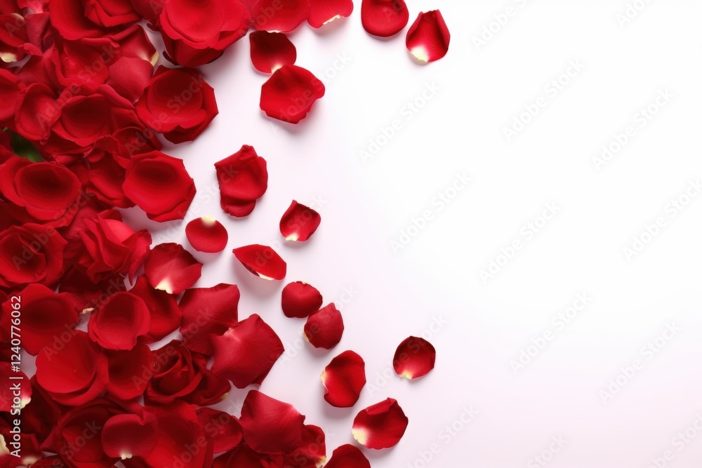 Vibrant Red Rose Petals Scatter Across a Clean White Background Creating a Romantic Aesthetic for Celebrations, Weddings, or Special Occasions Vibrant Red Rose Petals Scatter Across a Clean White Background Creating a Romantic Aesthetic for Celebrations, Weddings, or Special Occasions
