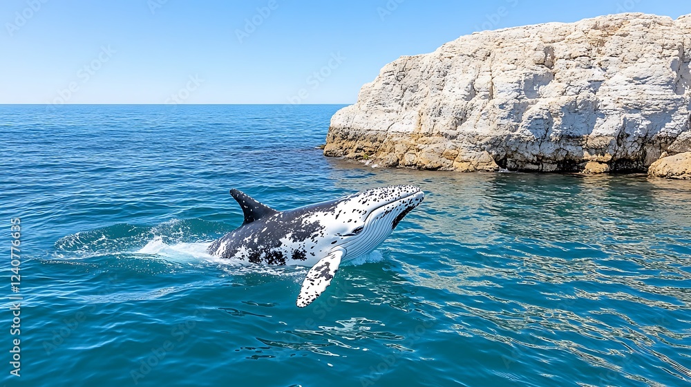 Fototapeta premium Humpback Whale Calf Breaching near Coastal Cliffs Ocean Wildlife