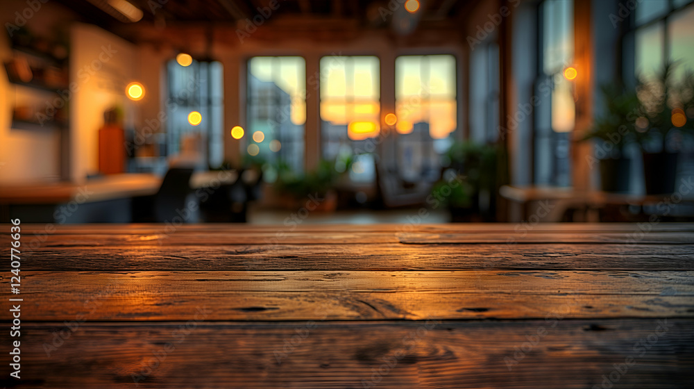 Rustic Tabletop Blurred Sunset Office View with Warm Brown Light. Rustic Tabletop Blurred Sunset Office View with Warm Brown Light.