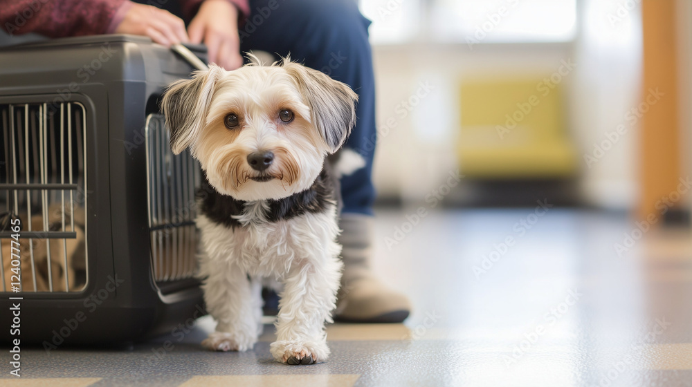 Adorable small dog standing near a pet carrier in a veterinary clinic, waiting for medical examination in a bright space Adorable small dog standing near a pet carrier in a veterinary clinic, waiting for medical examination in a bright space