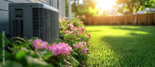 Air Conditioning Unit in a Sunny Backyard Garden