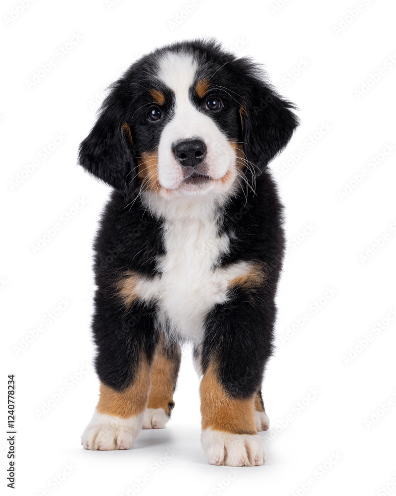 Adorable Bernese Mountain dog puppy, sitting up facing front. Looking curious to camera with cute head tilt. Isolated on a white background. Adorable Bernese Mountain dog puppy, sitting up facing front. Looking curious to camera with cute head tilt. Isolated on a white background.