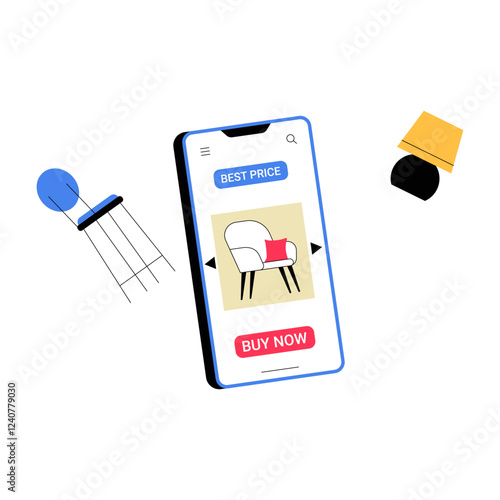 Mobile App For Online Furniture Shopping In Flat Vector Illustration Symbolizing E Commerce, Digital Retail, And Home Decor Purchase, Isolated On White Background.