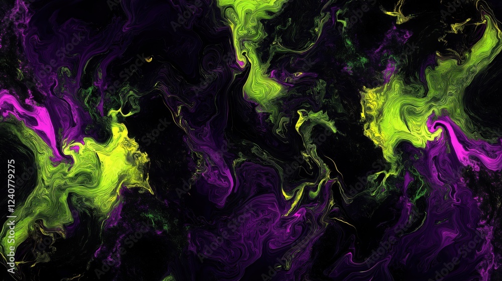 Fototapeta premium Abstract neon green and purple fluid texture with dynamic swirling patterns