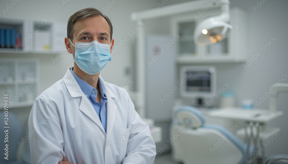 Dentist in white coat and mask standing confidently in modern dental clinic with advanced equipment and clean environment promoting oral health care. Dentist in white coat and mask standing confidently in modern dental clinic with advanced equipment and clean environment promoting oral health care.