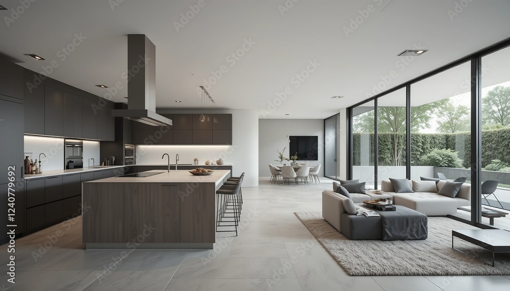 Fototapeta premium Modern Open Plan Living: A stunning contemporary home boasts an open-plan kitchen and living area, seamlessly blending sophisticated design with natural light.