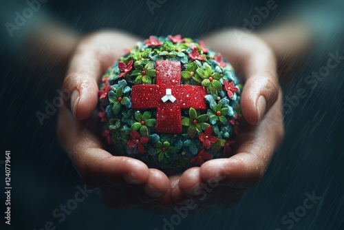 Wallpaper Mural A Pair Of Hands Gently Cradles A Vibrant Sphere Adorned With Flowers And A Prominent Red Cross, Symbolizing Care, Protection, And The Fragility Of Life Amidst A Gentle Rain. Torontodigital.ca