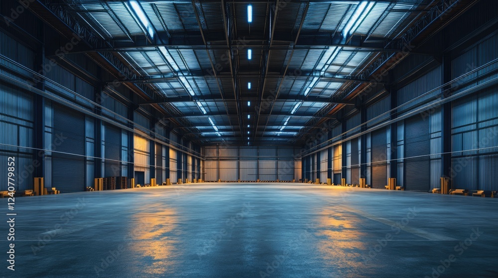 An abstract, empty warehouse with no furniture or objects, featuring a dark, three-dimensional design and dim lighting, creating an industrial feel.