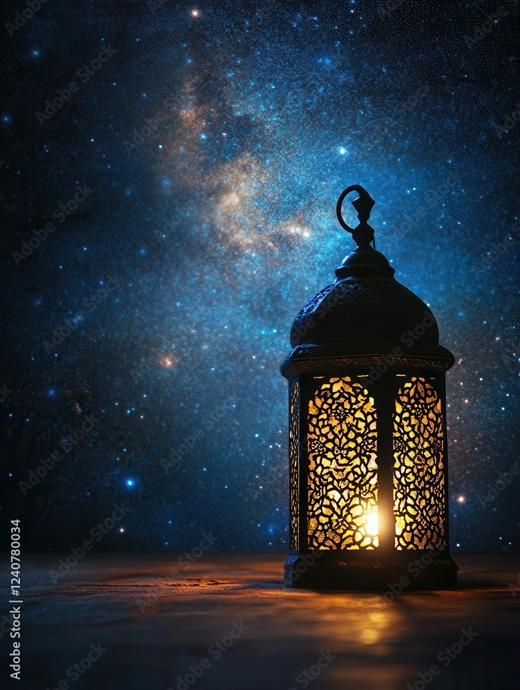Ornate Lantern Glowing Under a Starry Night Sky Ornate Lantern Glowing Under a Starry Night Sky