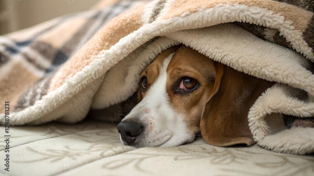 Cute Beagle dog hiding under a blanket Cute Beagle dog hiding under a blanket