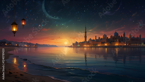 A magical Ramadan night scene with the soft glow of lanterns, the crescent moon above, and gentle waves of colorful lights illuminating the peaceful landscape.