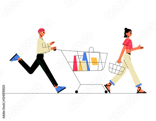 Shopping Rush With Male And Female Characters In Flat Vector Illustration Symbolizing Excitement, Retail Shopping, And Consumer Behavior, Isolated On White Background