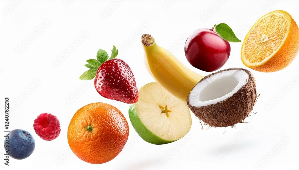 Naklejka premium different fruits flying isolated on white background transparent
