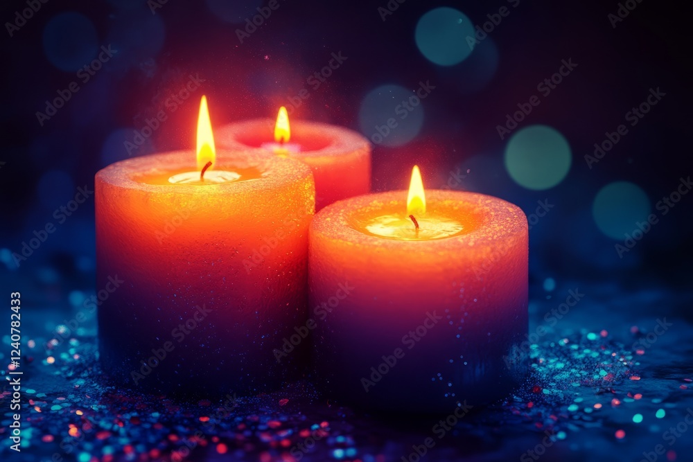 Three Candles Glow Brightly, Casting A Warm, Magical Ambiance. The Glittering Background Adds To The Serene, Peaceful Atmosphere, Symbolizing Hope, Comfort, And Reflection. Three Candles Glow Brightly, Casting A Warm, Magical Ambiance. The Glittering Background Adds To The Serene, Peaceful Atmosphere, Symbolizing Hope, Comfort, And Reflection.