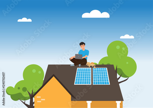 The solar panel system installer performs an energy audit. On the roof of the customer's house.