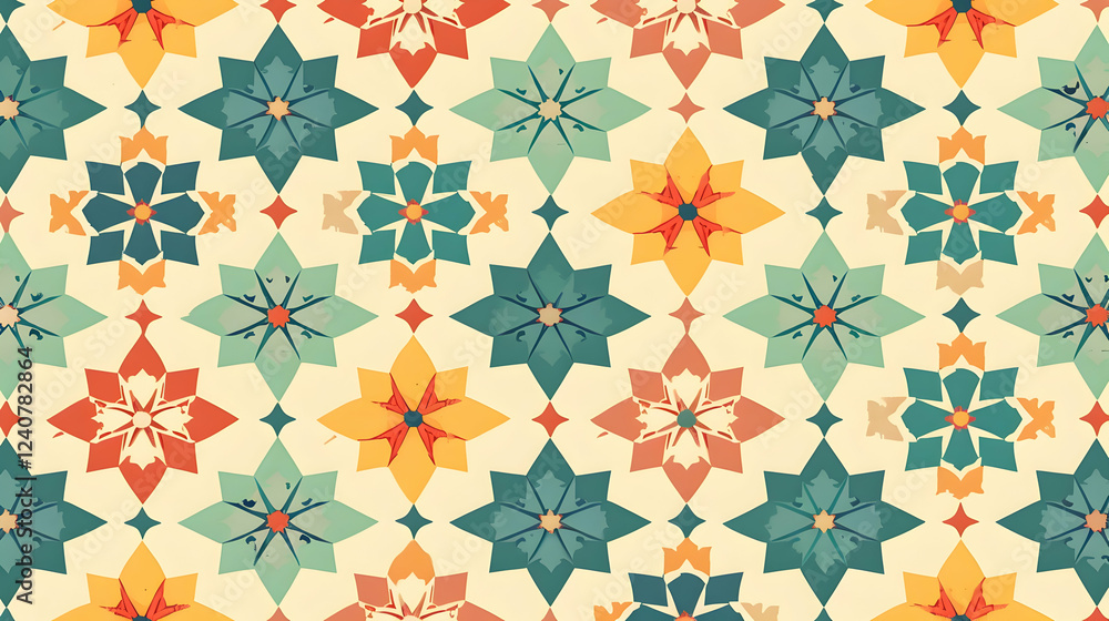 Fototapeta premium Colorful floral pattern design featuring intricate star-shaped flowers on a light background
