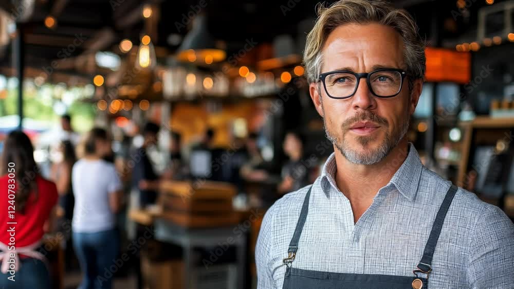 A man in a restaurant with apron on and glasses on his face. He is smiling and looking at the camera A man in a restaurant with apron on and glasses on his face. He is smiling and looking at the camera
