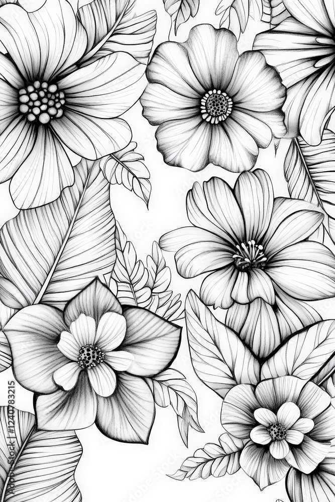 Floral Sketches with Leaves in Black and White Design Elements Floral Sketches with Leaves in Black and White Design Elements