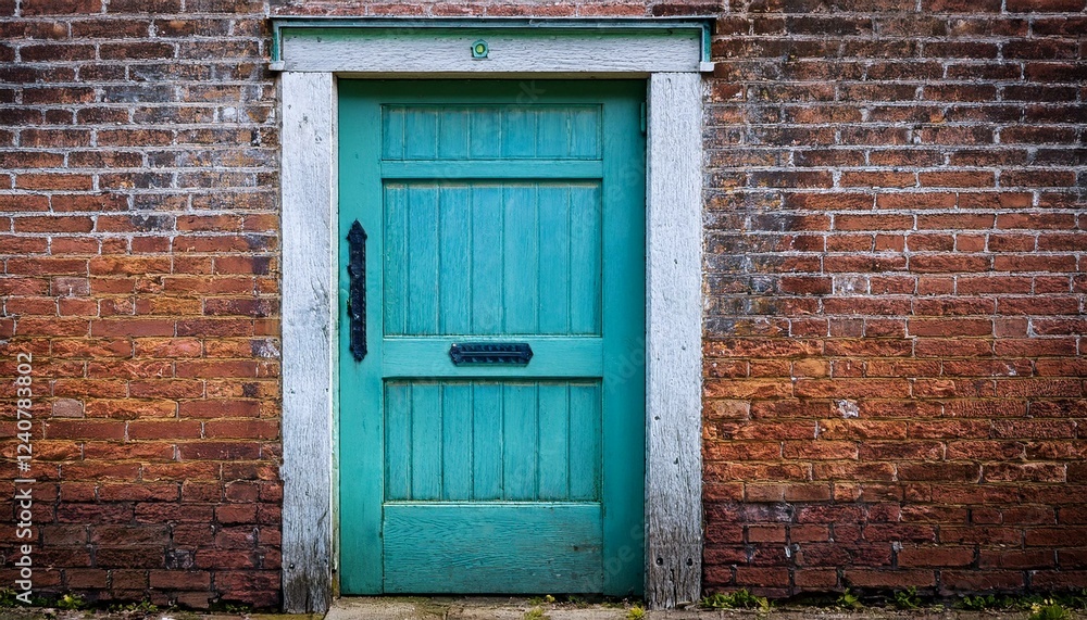 aged teal door in weathered brick wall aged teal door in weathered brick wall