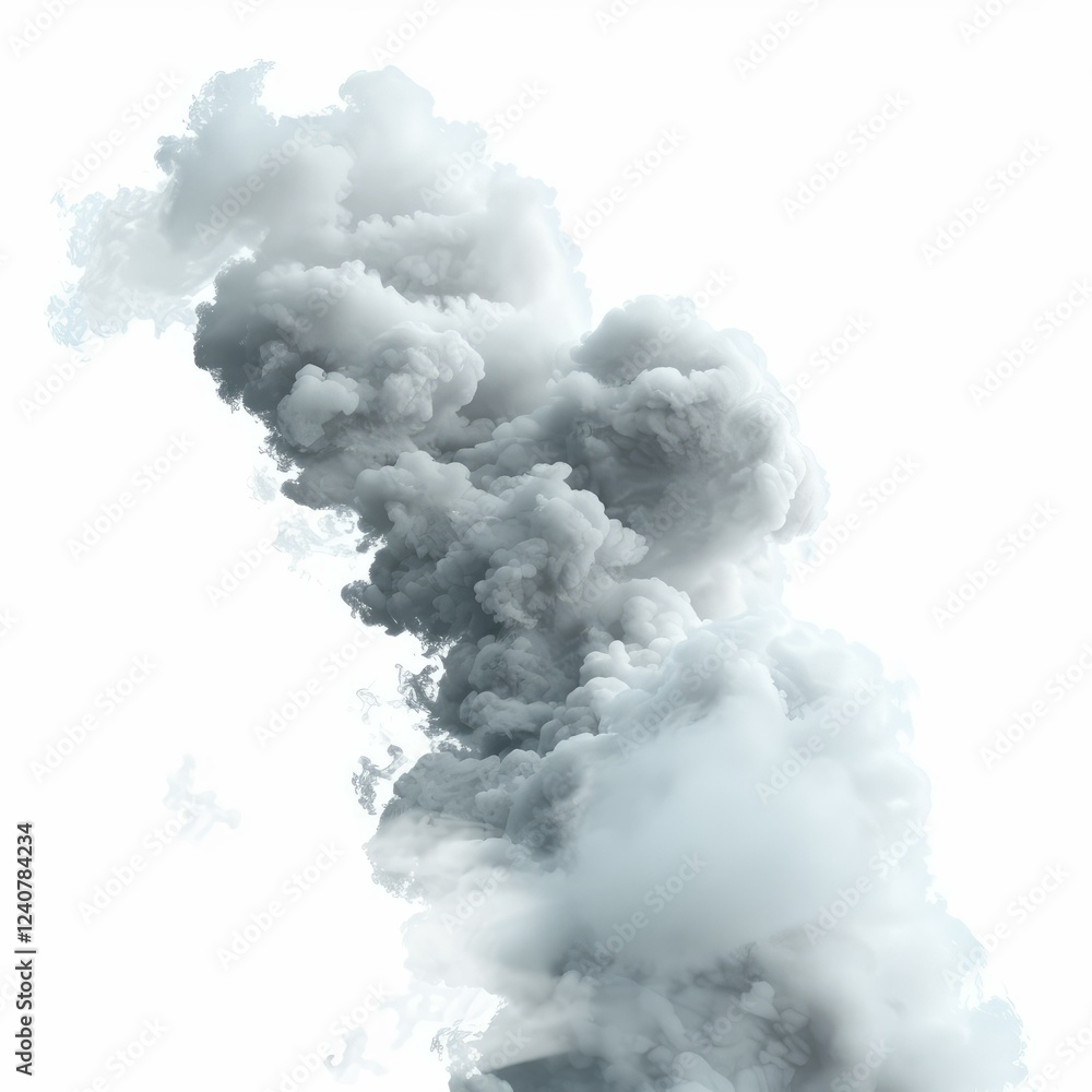 Grey and white smoke is billowing upwards against a white background, creating a dramatic and ethereal effect Grey and white smoke is billowing upwards against a white background, creating a dramatic and ethereal effect