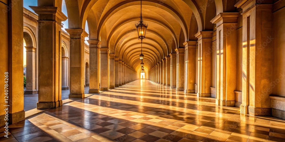 Obraz premium Warm sunlight filters through intricate arches of a grand colonnade, casting dappled shadows on the floor as it streams towards a distant doorway entrance, filter, dappled shadows