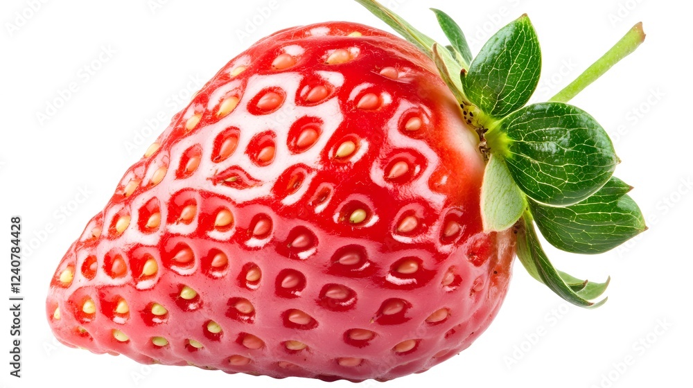 A single ripe strawberry with green leaves A single ripe strawberry with green leaves