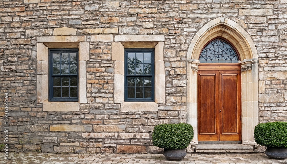 aged stone building exterior with windows and door aged stone building exterior with windows and door