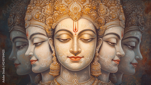 A close-up of Lord Brahmaâs four faces, each with a serene expression, glowing with divine wisdom photo