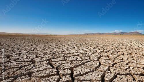 dry cracked earth showcases the impact of drought in a parched landscape under a clear blue sky