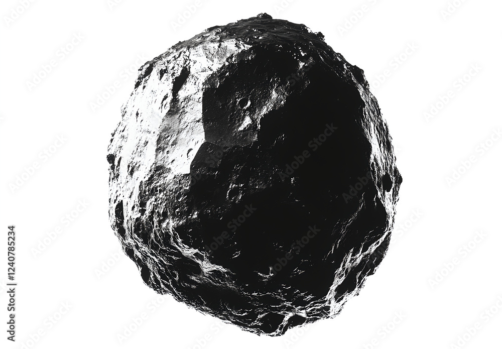 Fototapeta premium Charcoal asteroid set against a white background, 3D rendered illustration. 