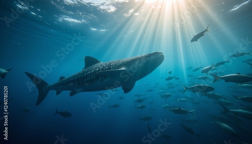Whale shark swimming gracefully underwater with schools of fish illuminated by sun rays penetrating the ocean surface.