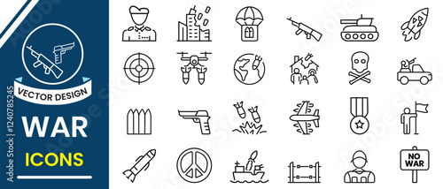 War icon, vector set.  Weapon icon, vector set. War symbol, Army, battle, military, missile, refugees, bomb, conflict, tank, collection design for website. Vector illustration.