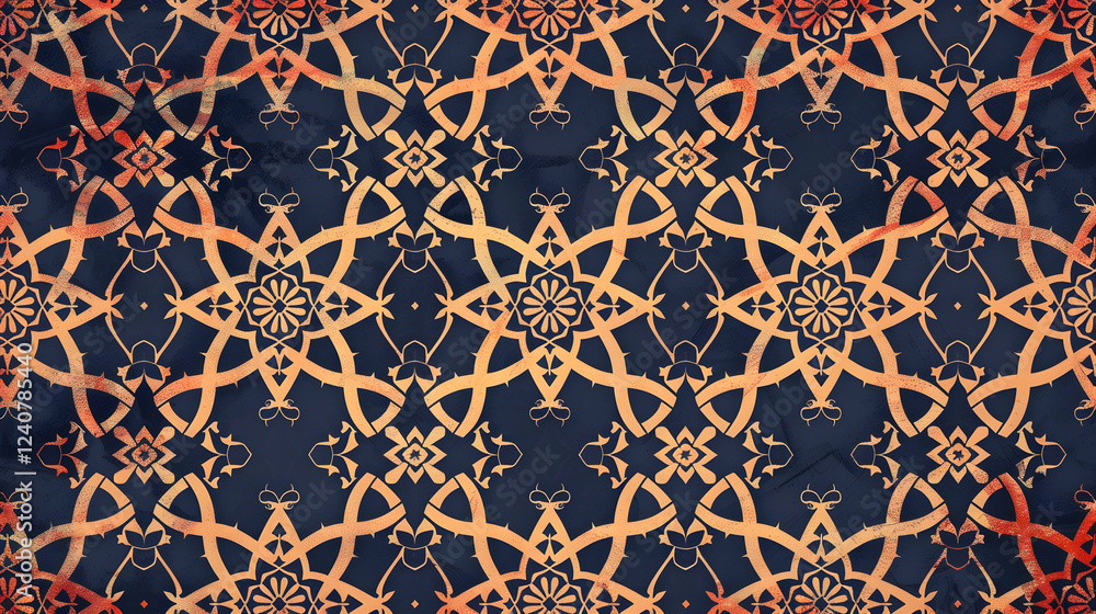Fototapeta premium Intricate geometric pattern featuring warm tones on a dark background, ideal for textile design