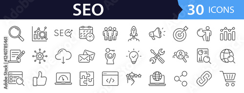 SEO Optimisation set of web icons in line style. Search Engine Optimization. Business, traffic, optimization, target. Search Engine and Marketing icons for web and mobile app. Vector illustration