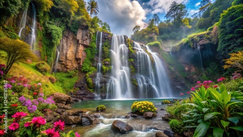 Majestic natural waterfall cascading down a rocky cliff surrounded by lush greenery and vibrant wildflowers in a serene tropical forest setting, verdant, rock formations