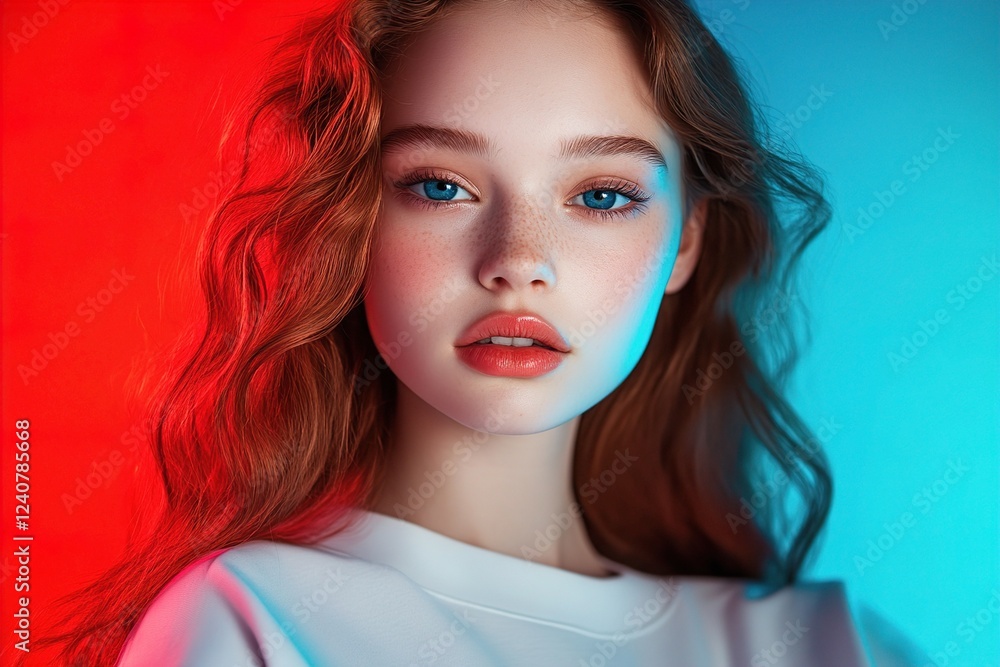 Beautiful young woman with wavy red hair and striking blue eyes against a vibrant red and blue background. Colorful Glow, Dual-Tone Studio Lighting Beautiful young woman with wavy red hair and striking blue eyes against a vibrant red and blue background. Colorful Glow, Dual-Tone Studio Lighting