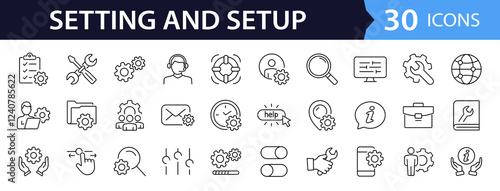 Settings and setup set of web icons in line style. Setup icons for web and mobile app. Settings, installation, maintenance, update, download, configuration, options, control. Vector illustration