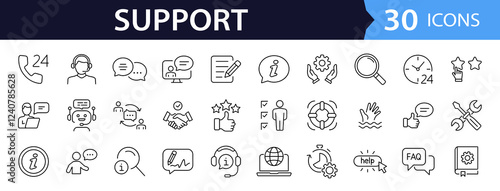 Customer Service and Support set of web icons in line style. Support and Help icons for web and mobile app. Online assistance, email, customer service, contact, help, helpdesk, feedback, 24 hrs