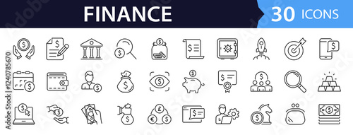 Finance set of web icons in line style. Money and Payment icons for web and mobile app. Money, payments, financial report, pay, banking, business, coin and more. Vector illustration