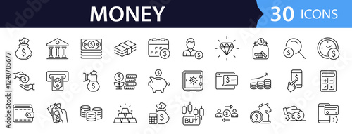 Money and finance set of web icons in line style. Payment and money icons for web and mobile app. Money, dollar, cash, pay, banking, business, finance, coin wallet, credit card. Vector illustration